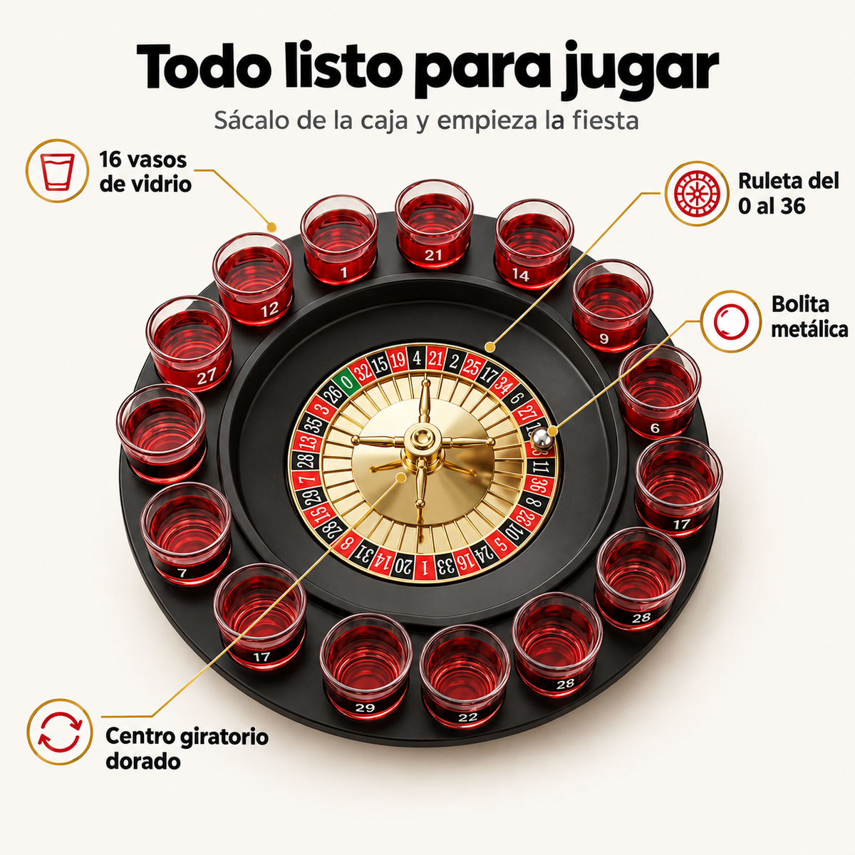 Ruleta de shots de 16 vasos para tus fiestas